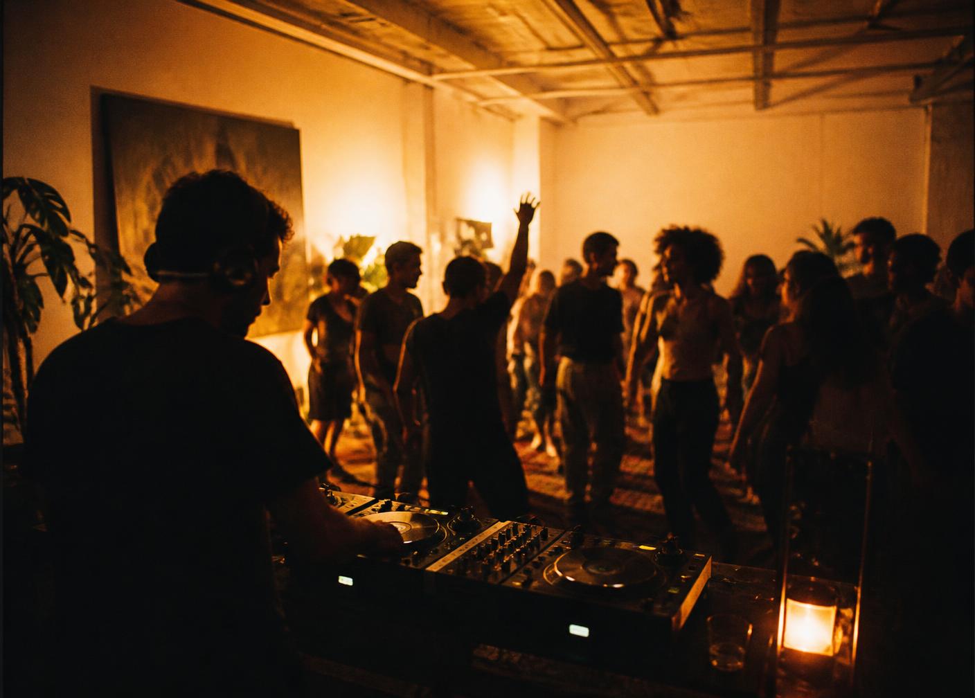 People sharing music and movement in a warm-lit studio